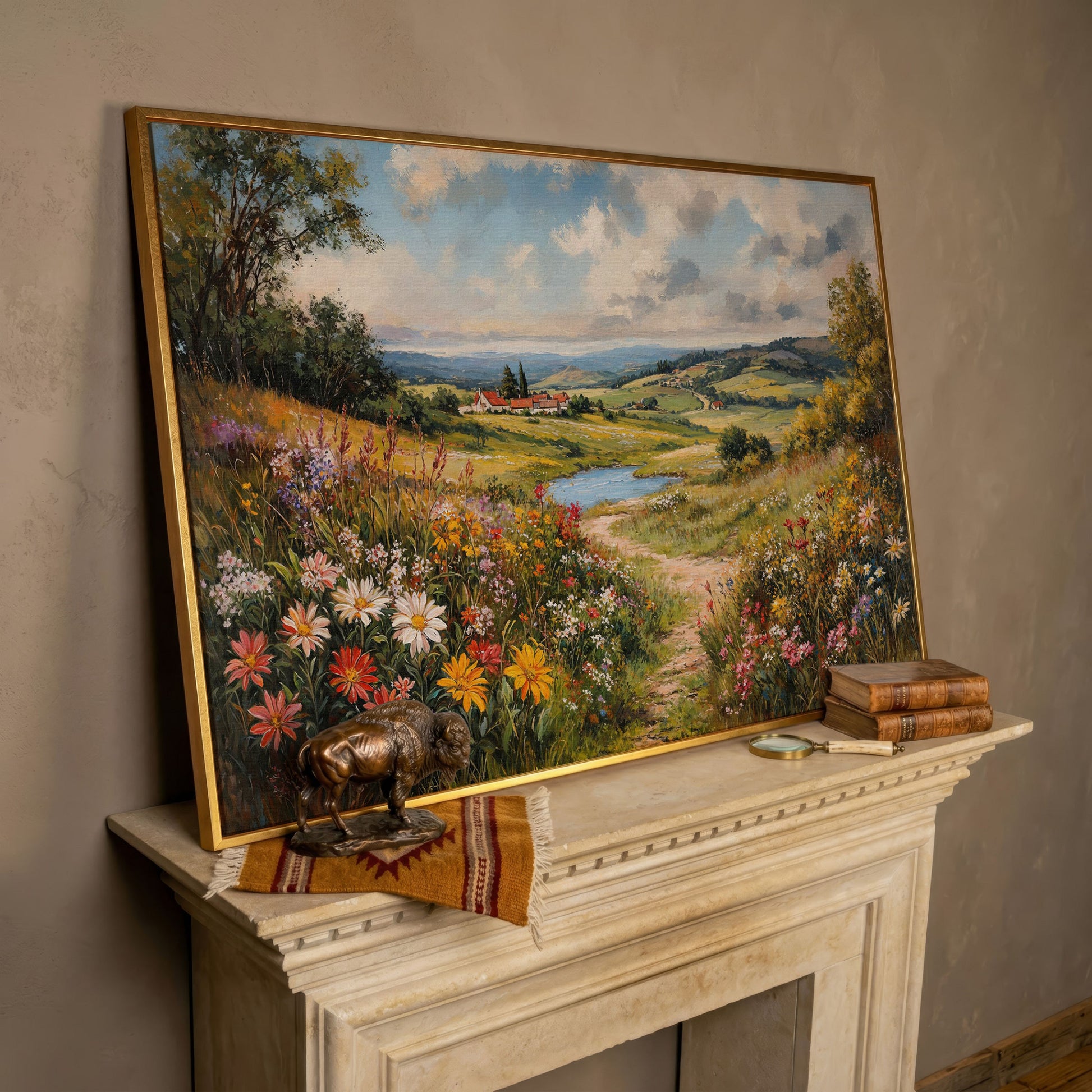 Wildflower Meadow & Village Landscape Canvas in rose gold floating frame