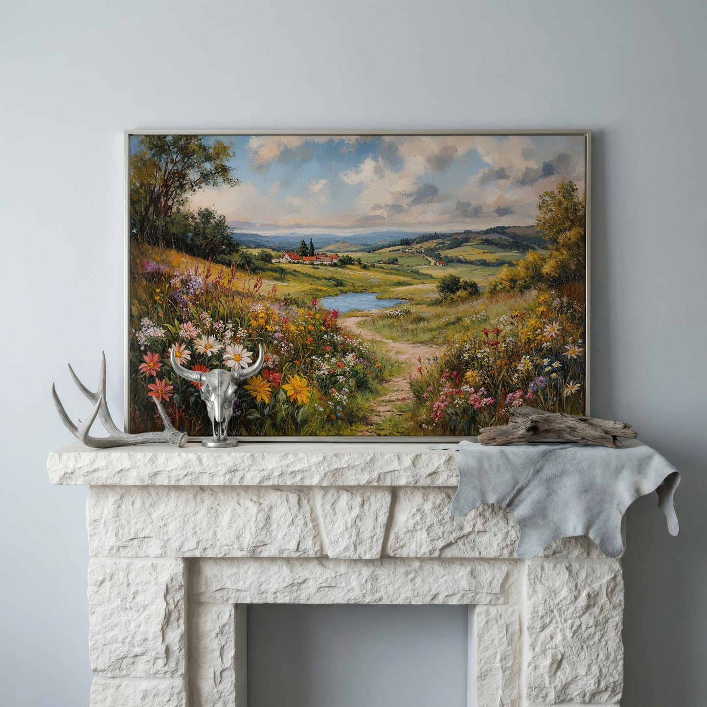 Wildflower Meadow & Village Landscape Canvas in silver floating frame