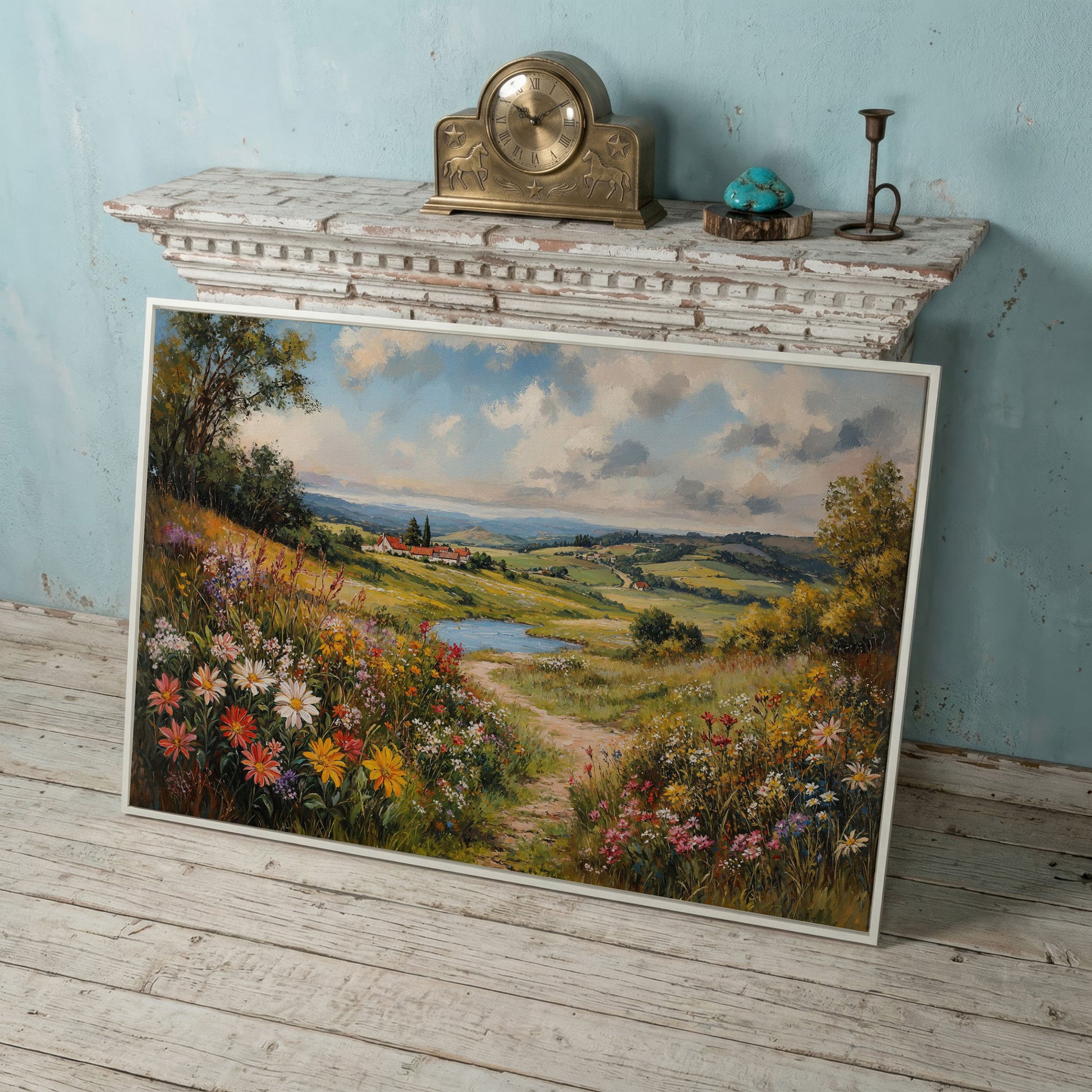 Wildflower Meadow & Village Landscape Canvas in white floating frame