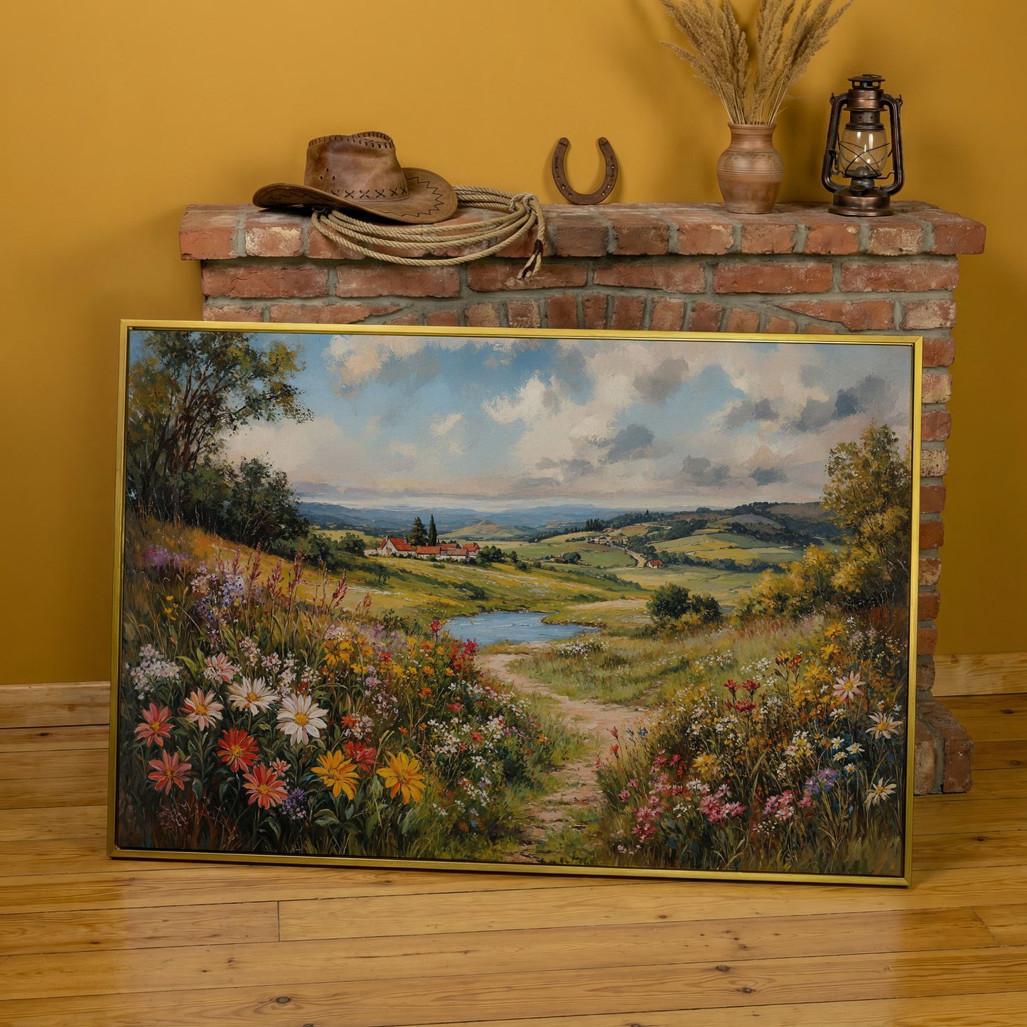 Wildflower Meadow & Village Landscape Canvas in yellow gold floating frame