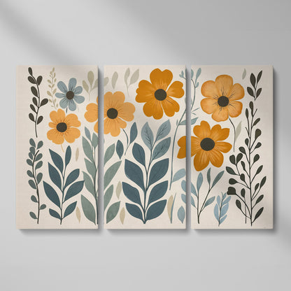 Burnt Sienna & Teal Boho Floral Canvas as 3-panel split version