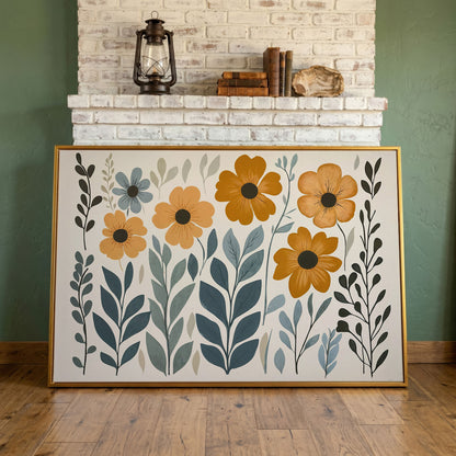 Burnt Sienna & Teal Boho Floral Canvas in antique gold floating frame