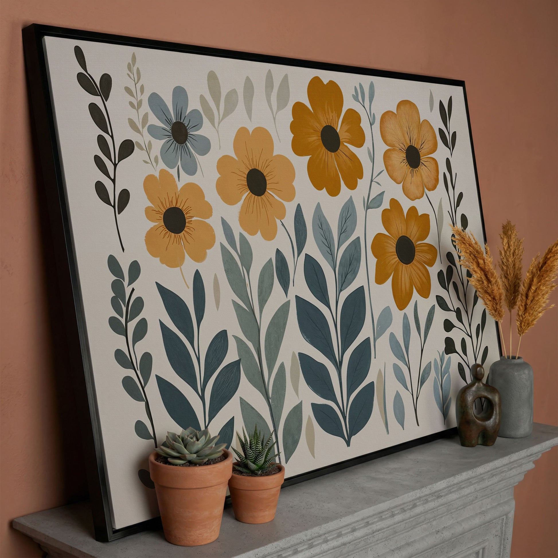 Burnt Sienna & Teal Boho Floral Canvas in black floating frame