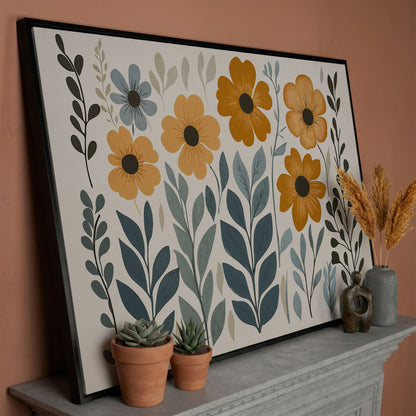 Burnt Sienna & Teal Boho Floral Canvas in black floating frame