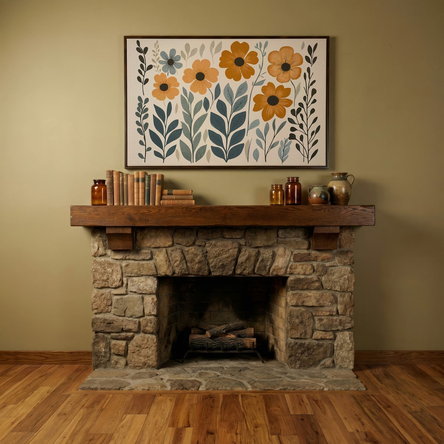 Burnt Sienna & Teal Boho Floral Canvas in dark walnut floating frame