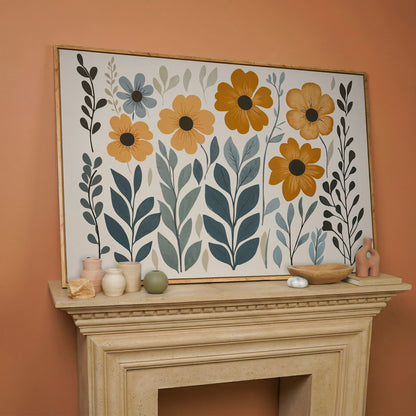 Burnt Sienna & Teal Boho Floral Canvas in white oak floating frame