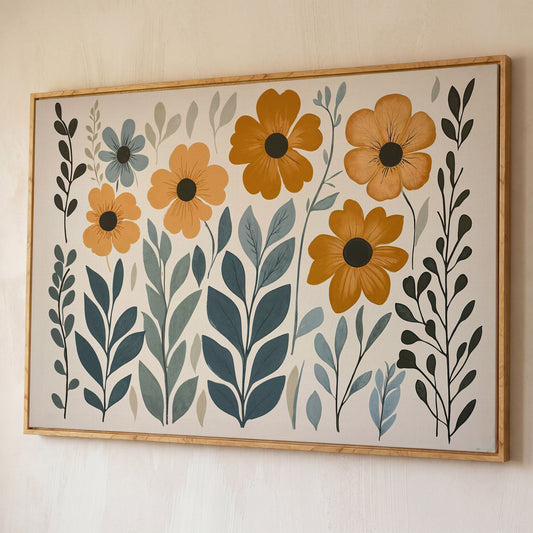 Burnt Sienna & Teal Boho Floral Canvas shown in white oak floating frame