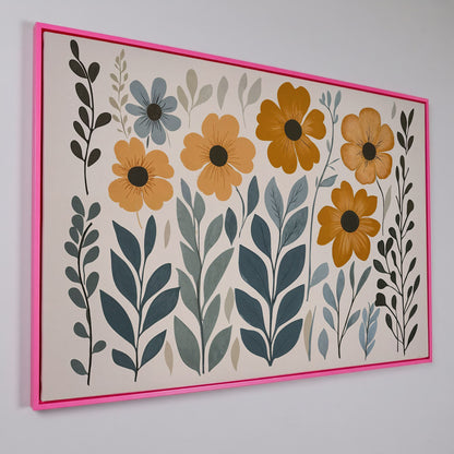 Burnt Sienna & Teal Boho Floral Canvas in pink floating frame