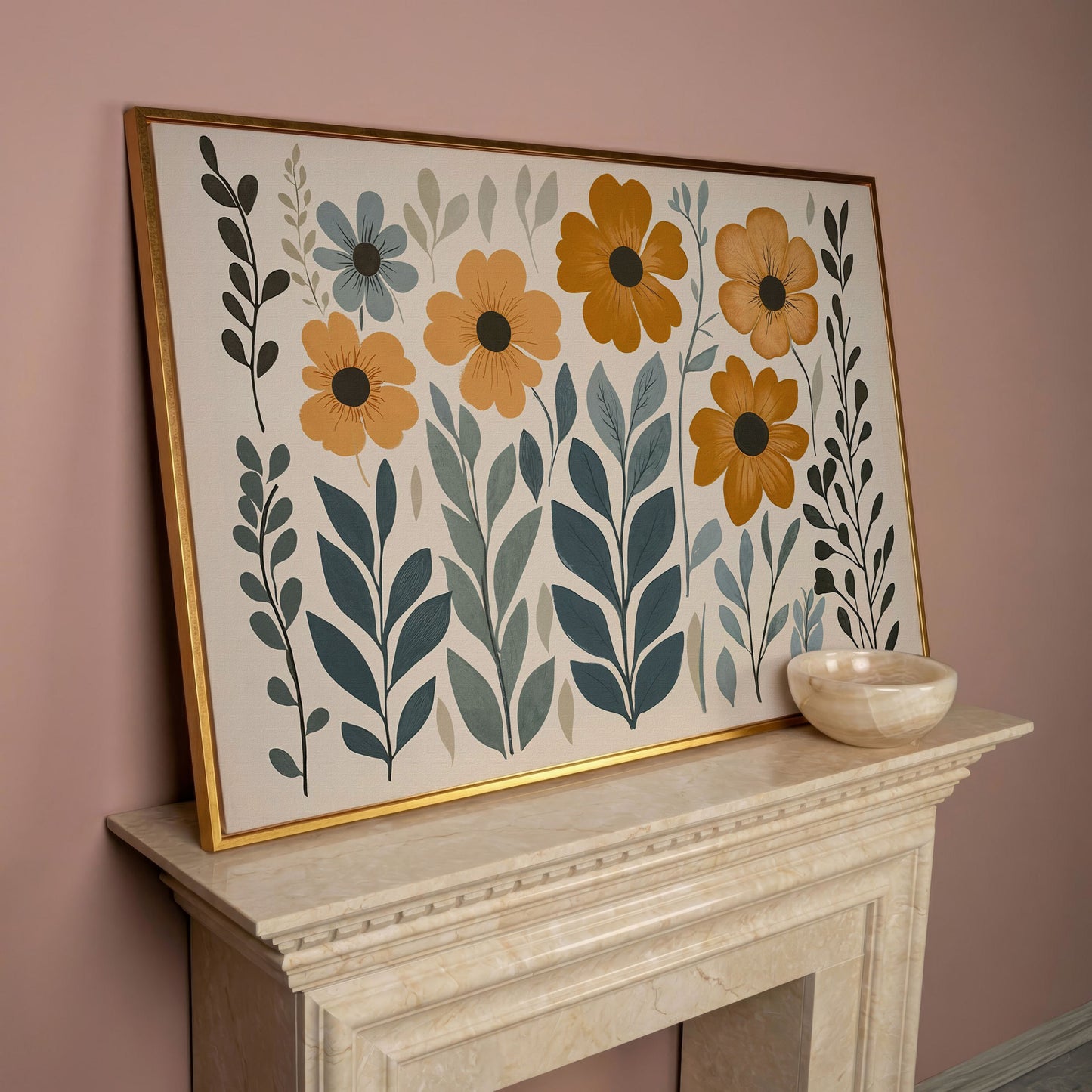 Burnt Sienna & Teal Boho Floral Canvas in rose gold floating frame