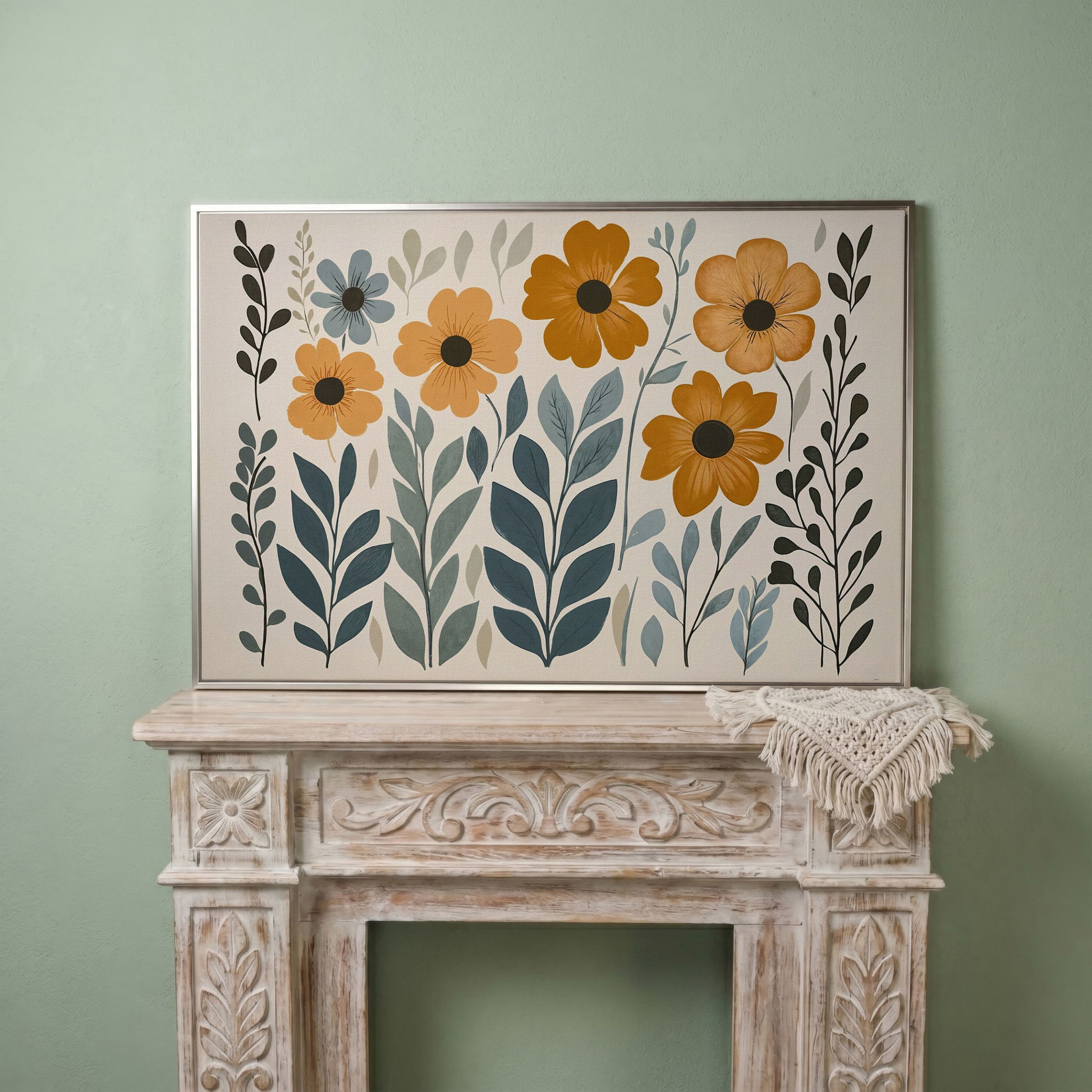 Burnt Sienna & Teal Boho Floral Canvas in silver floating frame