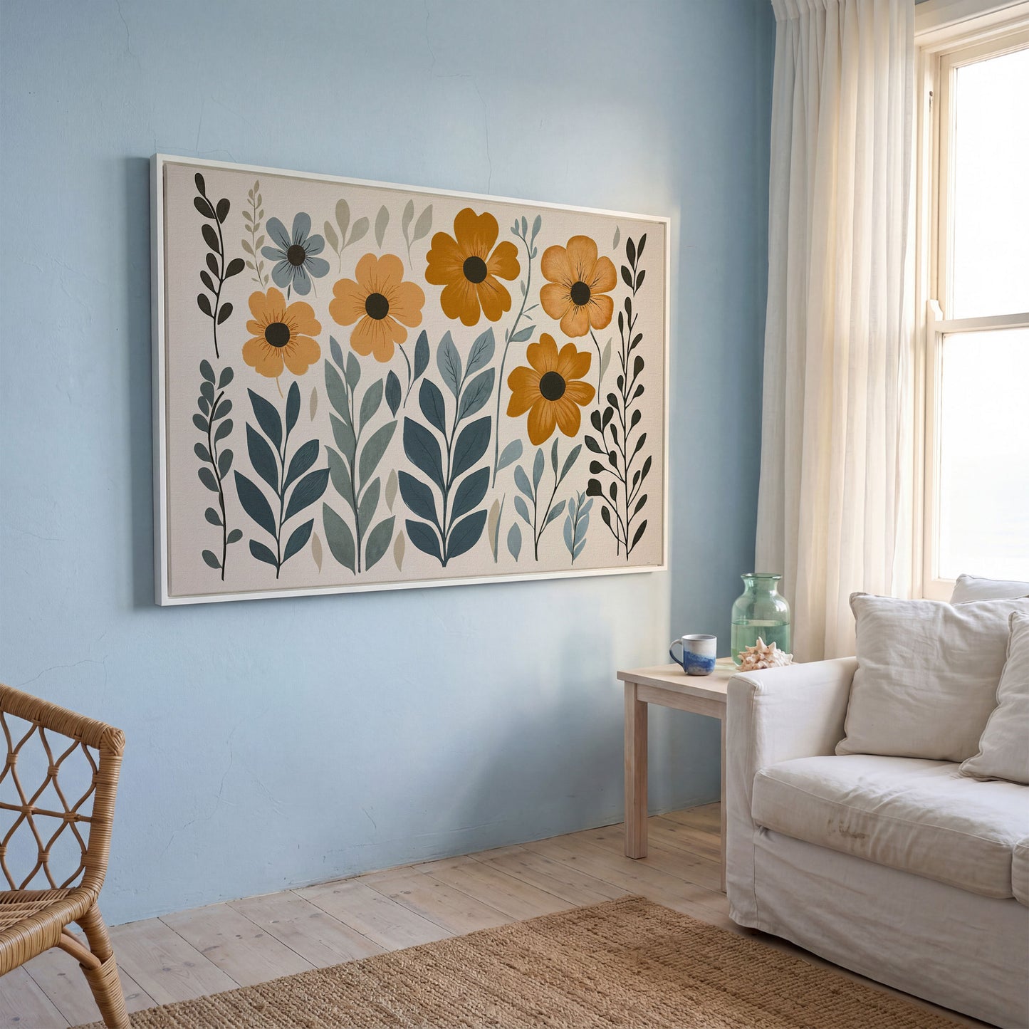 Burnt Sienna & Teal Boho Floral Canvas in white floating frame