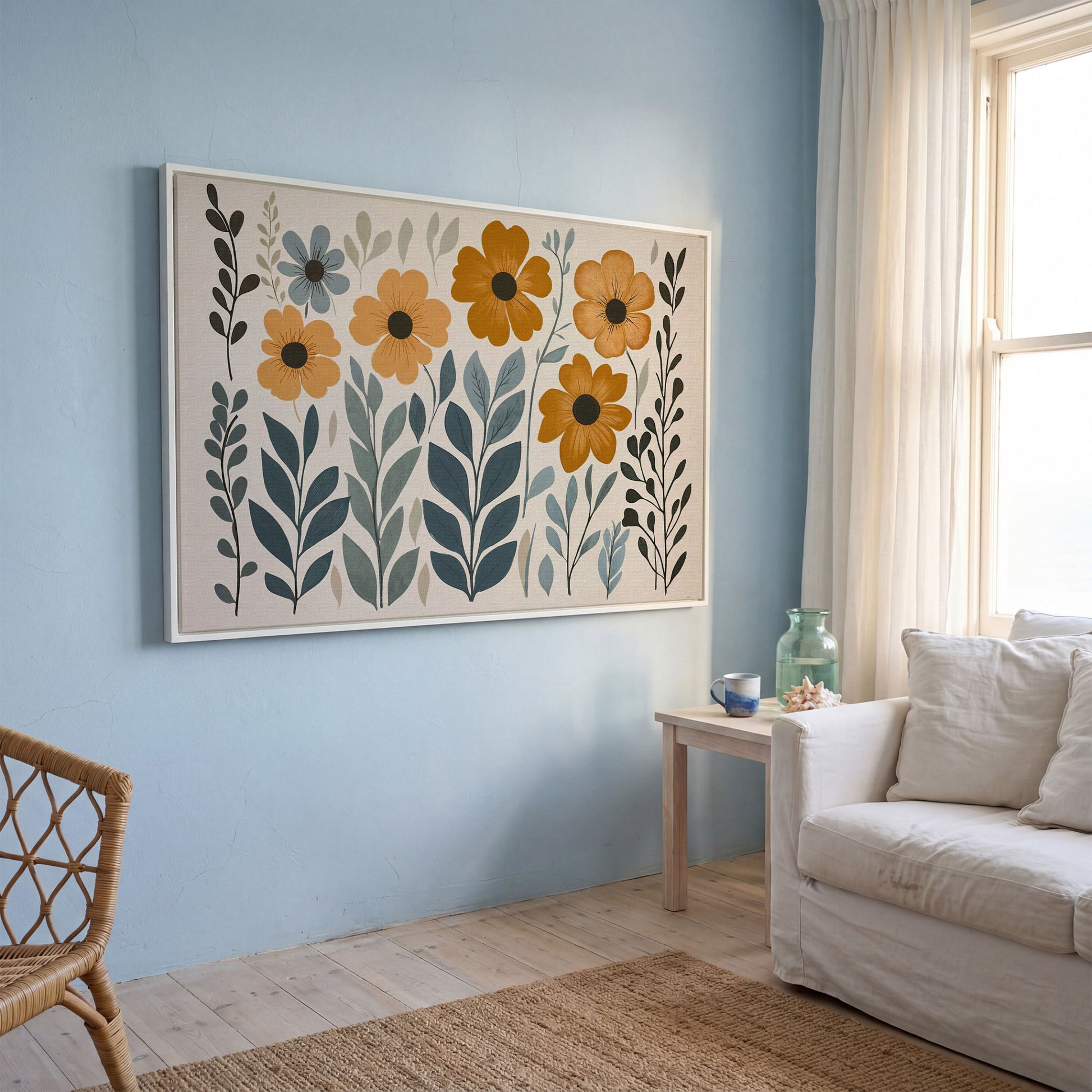 Burnt Sienna & Teal Boho Floral Canvas in white floating frame