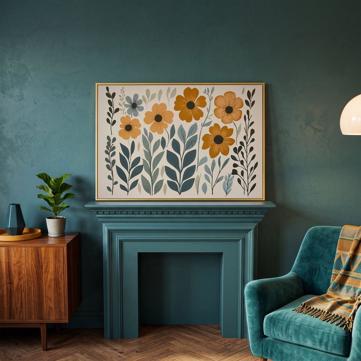 Burnt Sienna & Teal Boho Floral Canvas in yellow gold floating frame