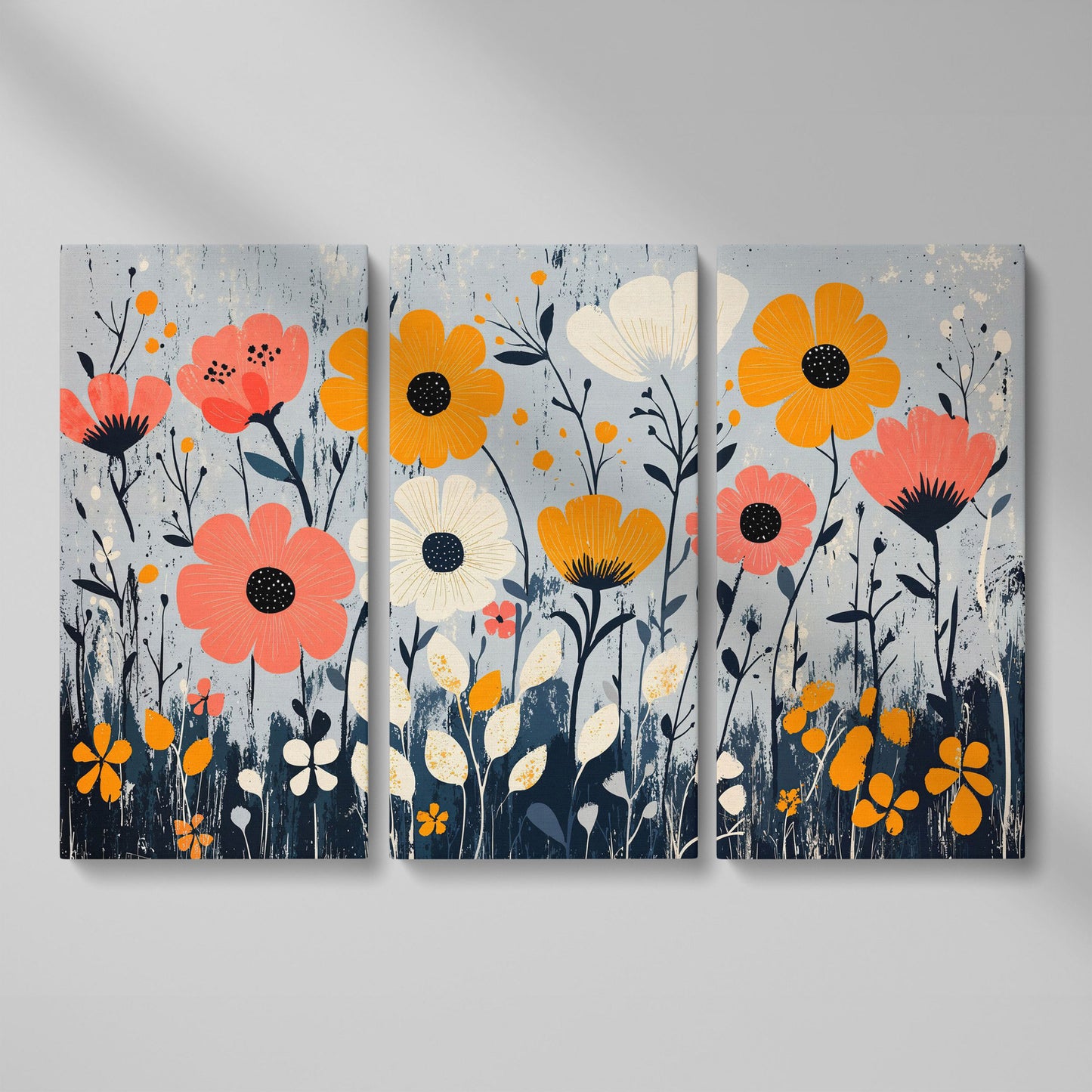 Modern Wildflower Canvas in Coral and Navy as 3-panel split version