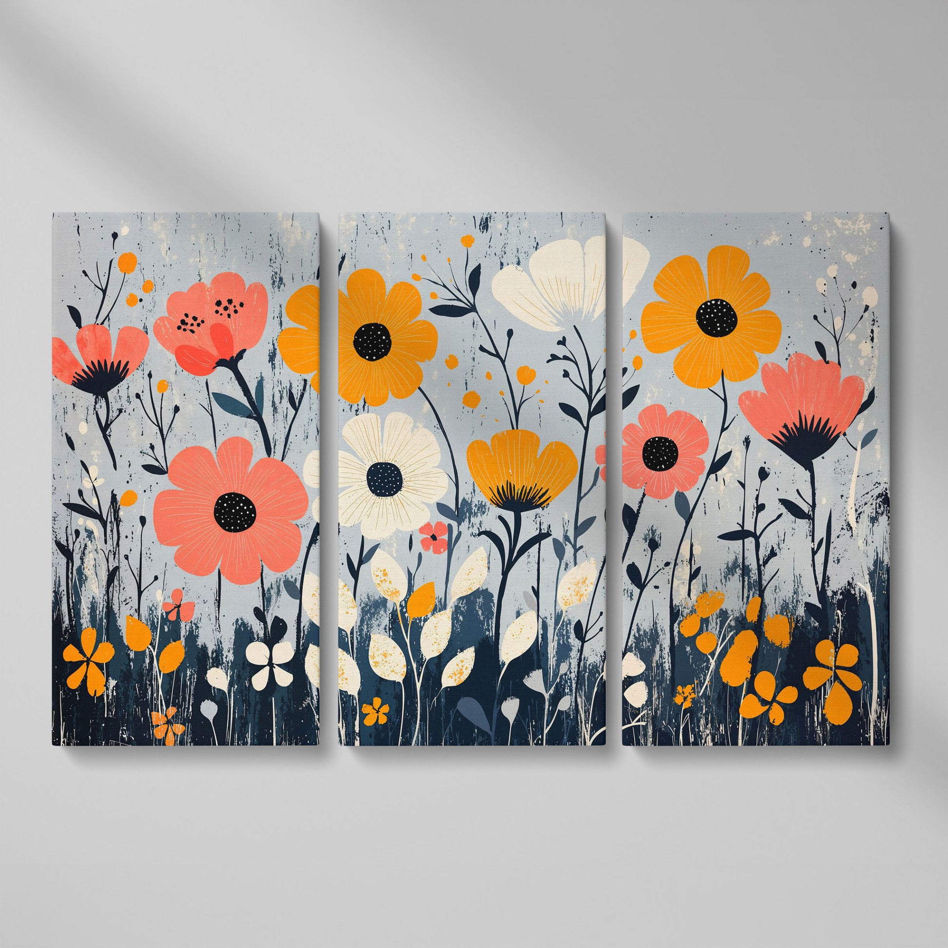 Modern Wildflower Canvas in Coral and Navy as 3-panel split version