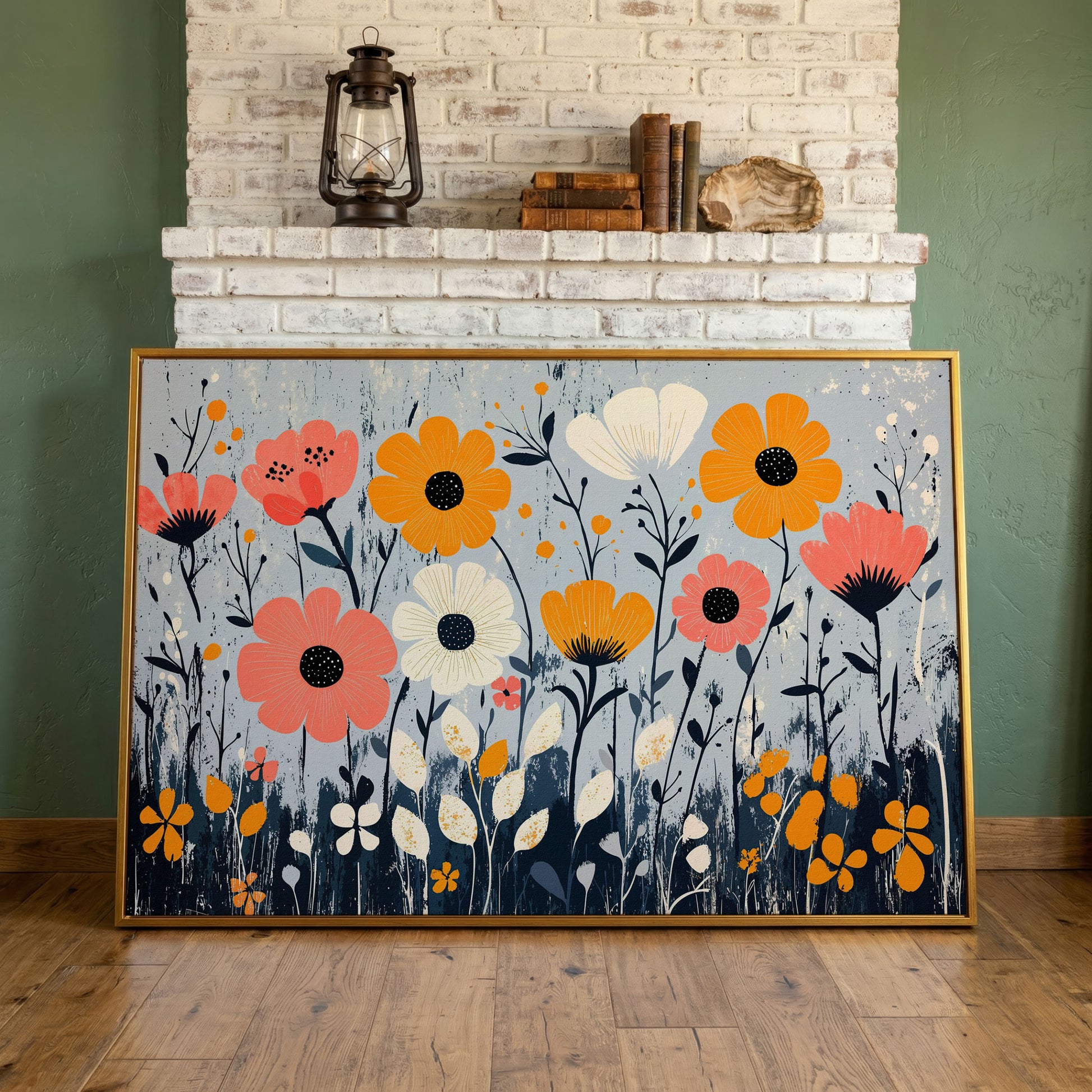 Modern Wildflower Canvas in Coral and Navy in antique gold floating frame