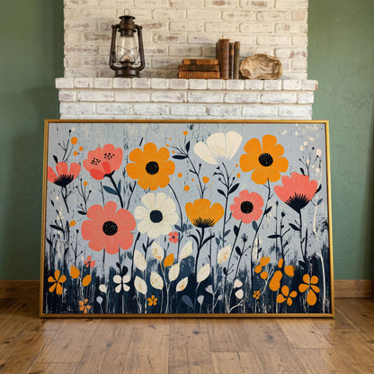Modern Wildflower Canvas in Coral and Navy in antique gold floating frame
