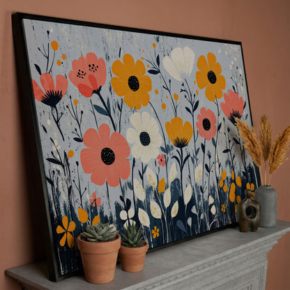 Modern Wildflower Canvas in Coral and Navy in black floating frame