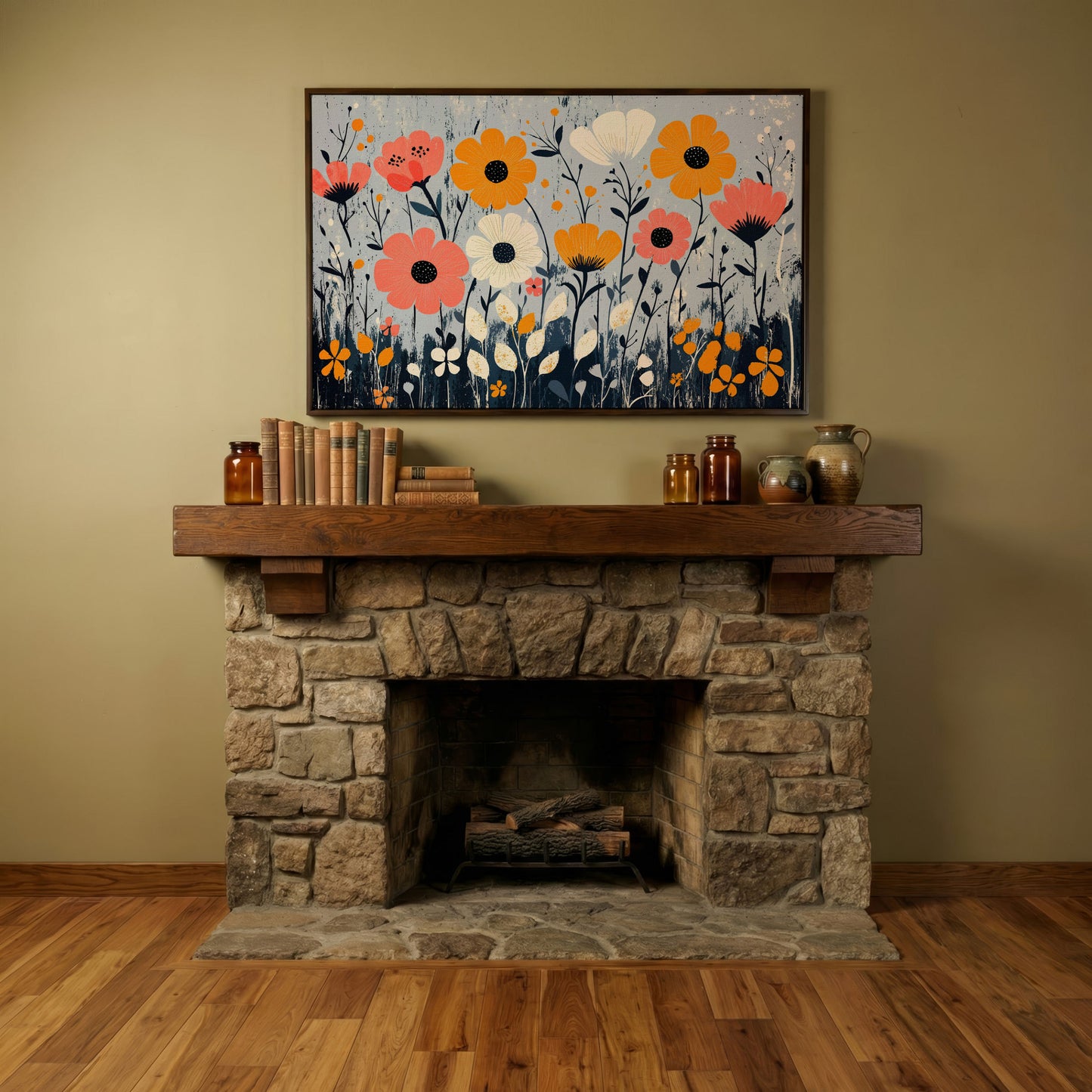 Modern Wildflower Canvas in Coral and Navy in dark walnut floating frame