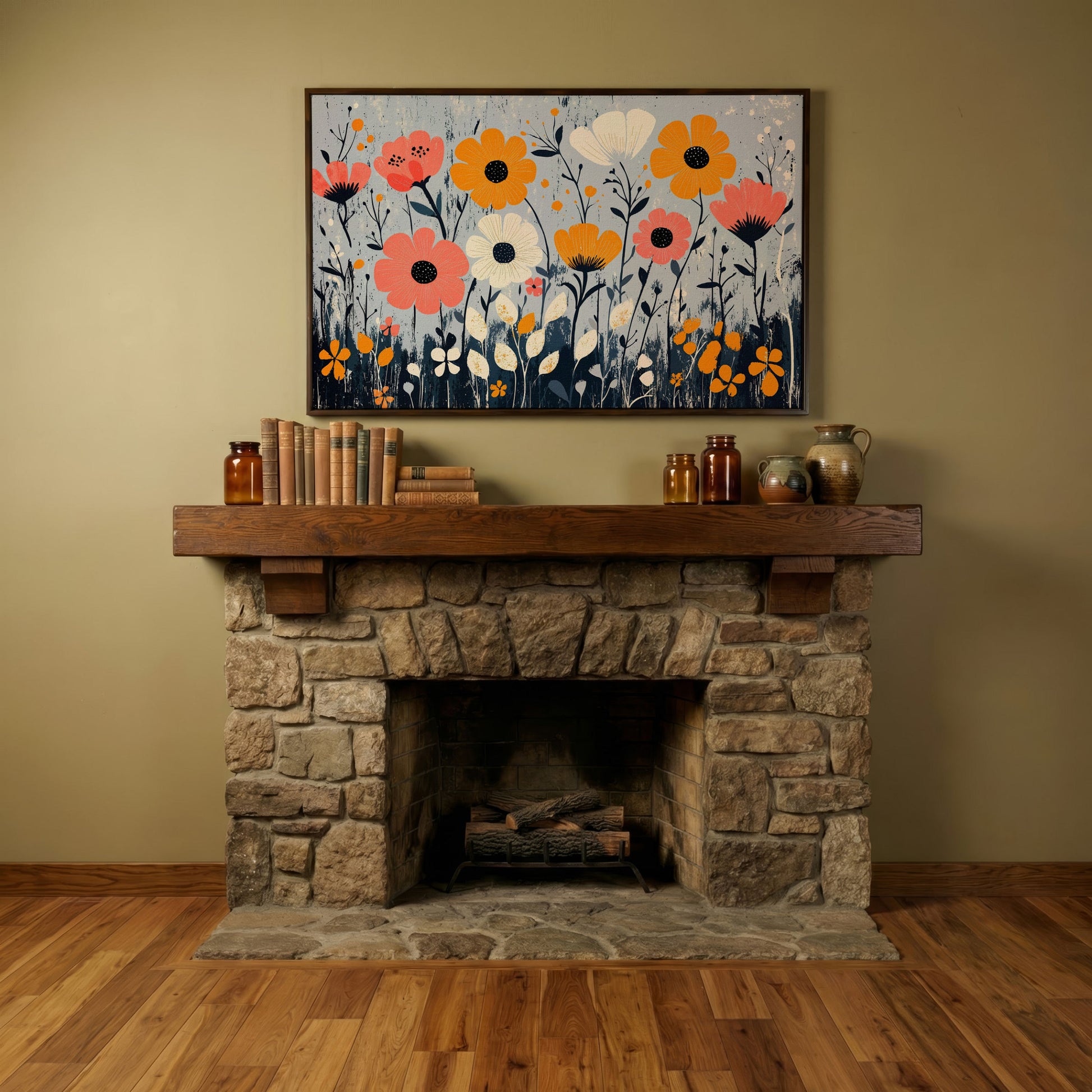 Modern Wildflower Canvas in Coral and Navy in dark walnut floating frame