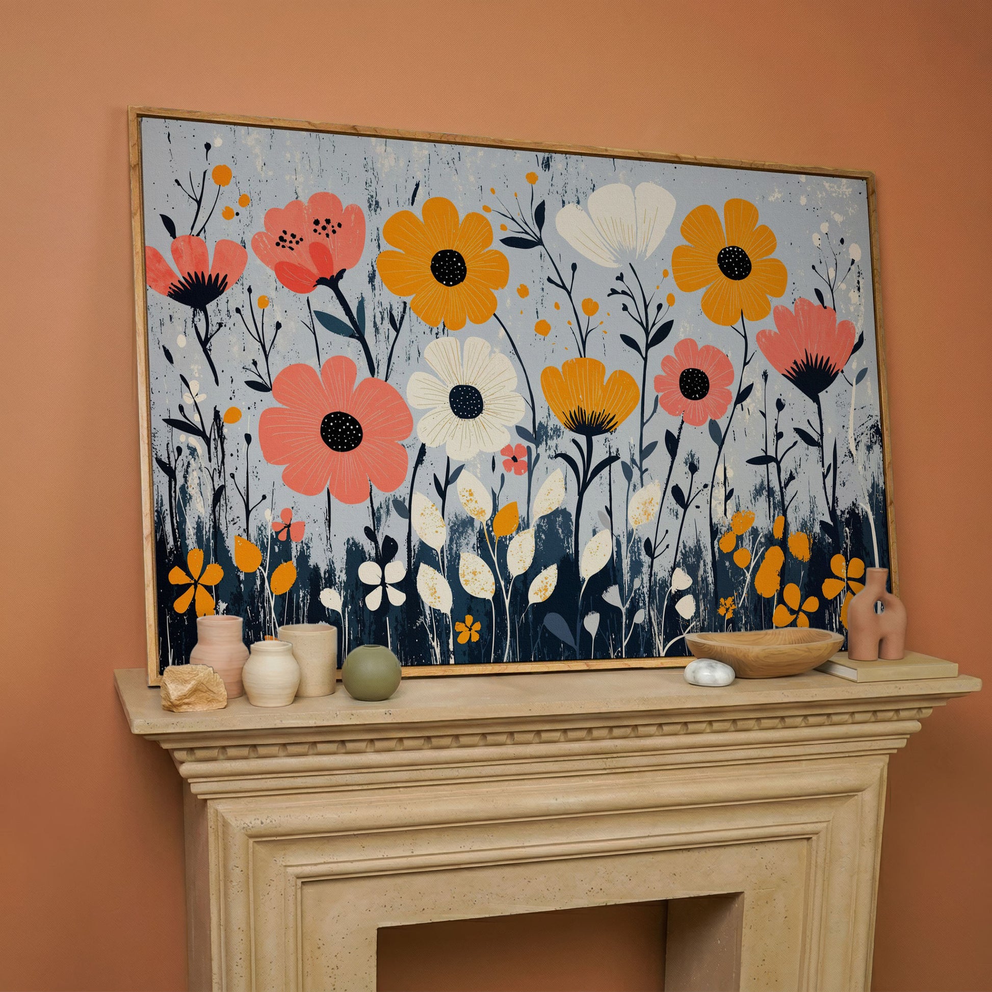 Modern Wildflower Canvas in Coral and Navy in white oak floating frame