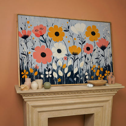 Modern Wildflower Canvas in Coral and Navy in white oak floating frame