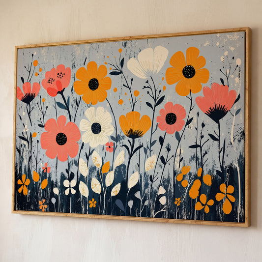 Modern Wildflower Canvas in Coral and Navy shown in white oak floating frame