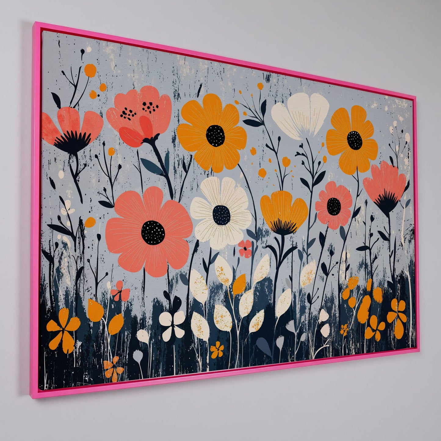 Modern Wildflower Canvas in Coral and Navy in pink floating frame