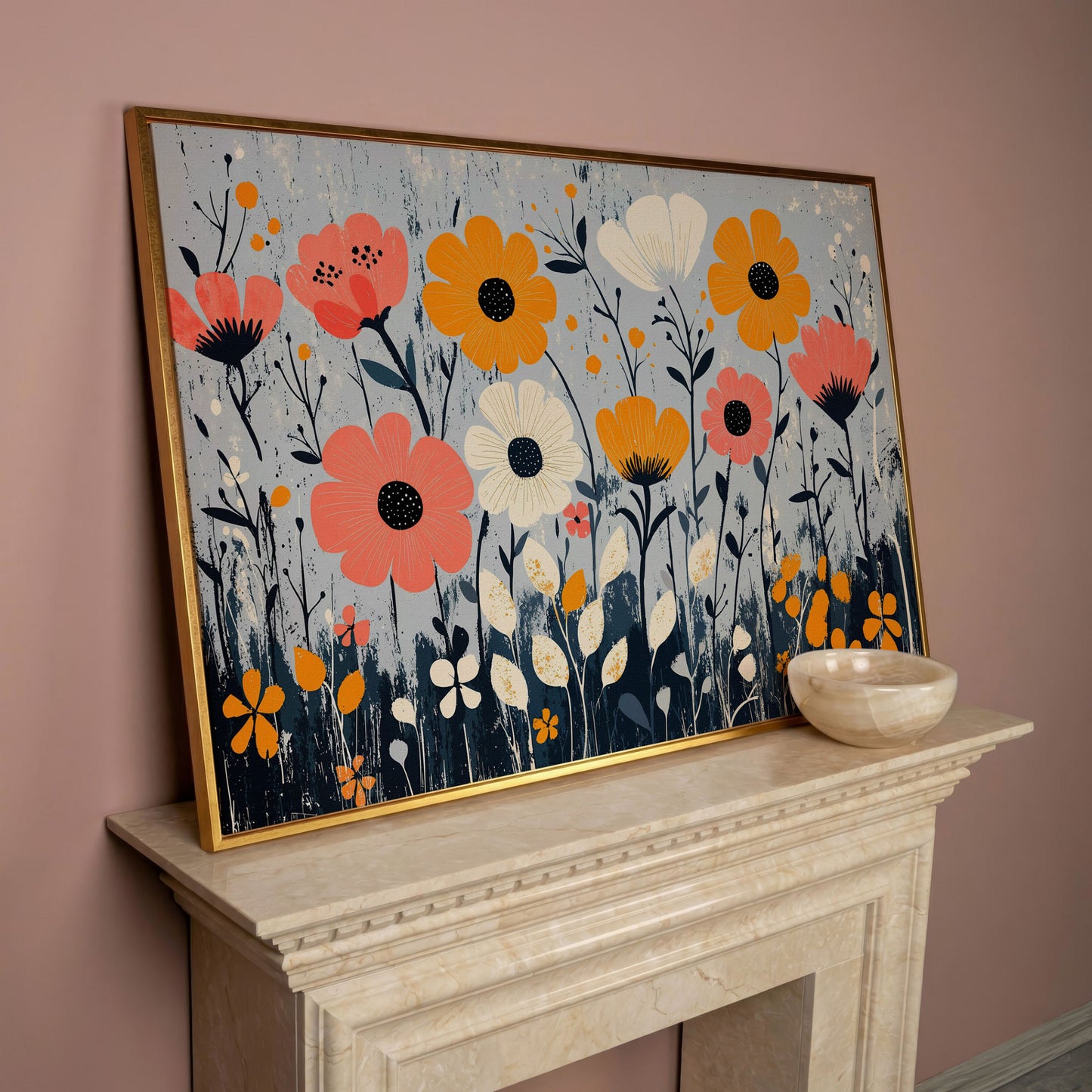Modern Wildflower Canvas in Coral and Navy in rose gold floating frame