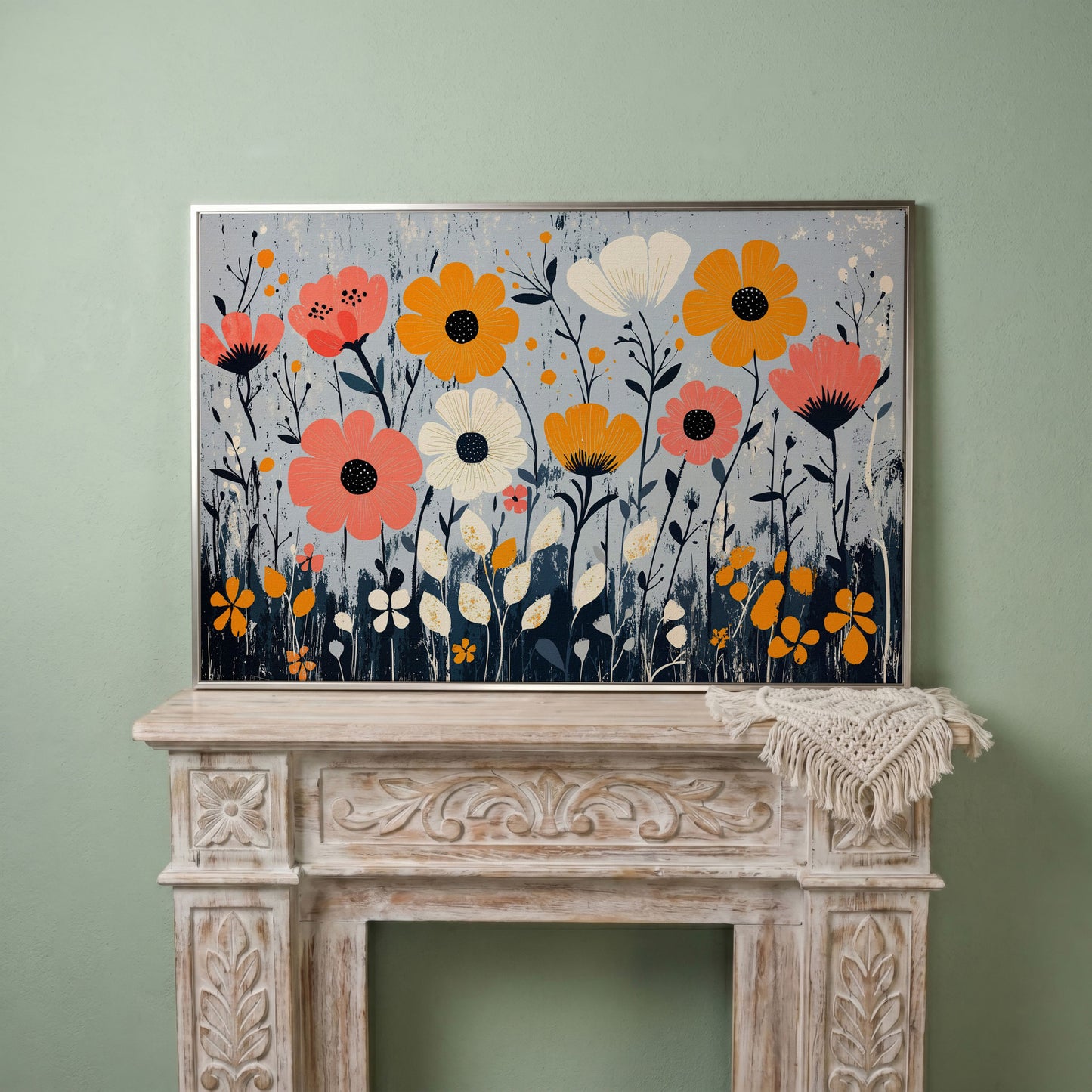 Modern Wildflower Canvas in Coral and Navy in silver floating frame