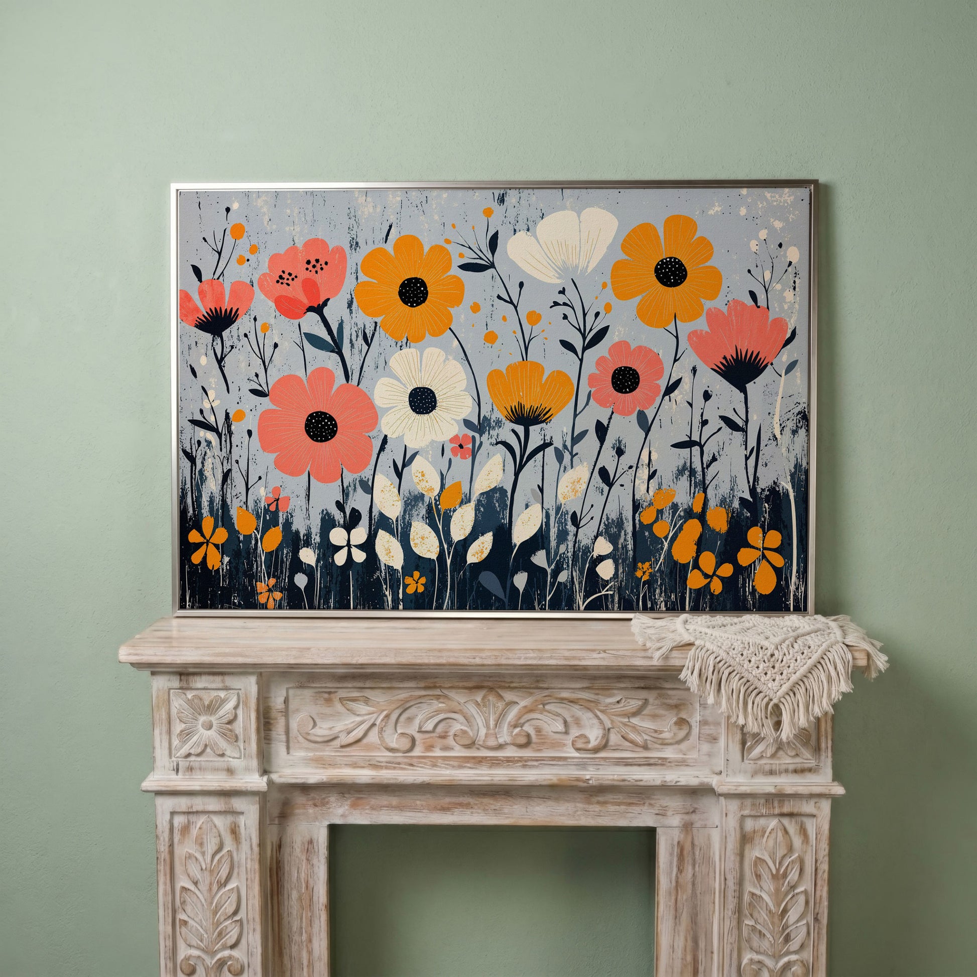 Modern Wildflower Canvas in Coral and Navy in silver floating frame
