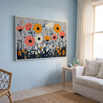 Modern Wildflower Canvas in Coral and Navy in white floating frame