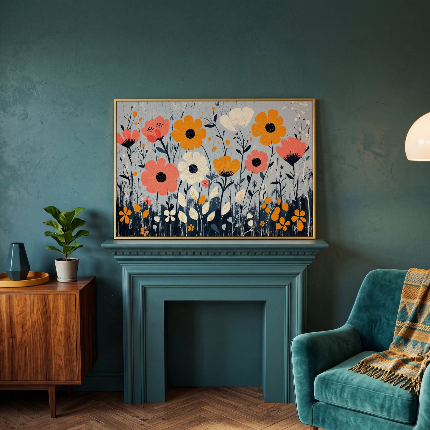 Modern Wildflower Canvas in Coral and Navy in yellow gold floating frame