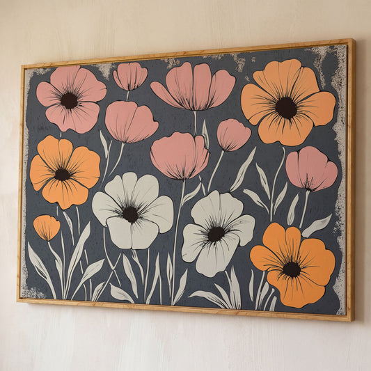Vintage Floral Canvas in Dusty Rose and Peach shown in white oak floating frame