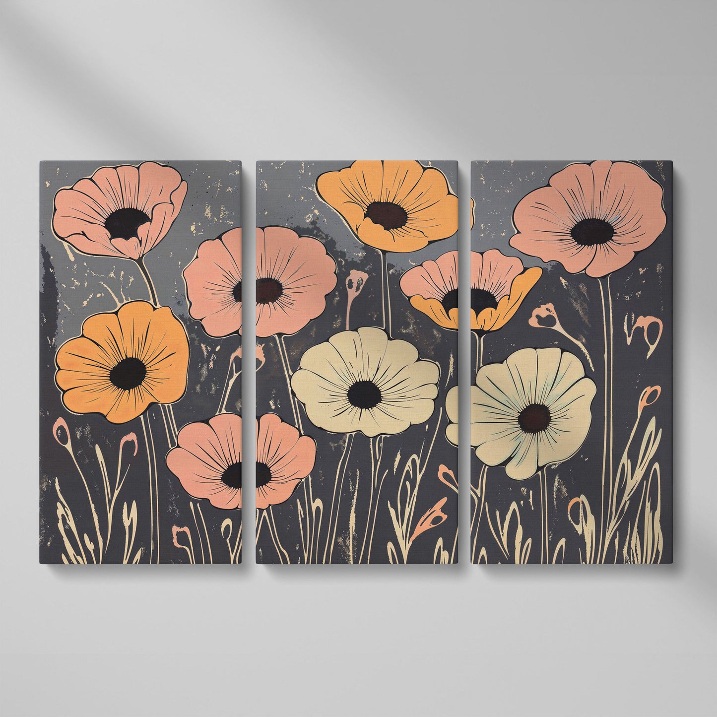 Vintage Pastel Flowers on Gray Canvas as 3-panel split version
