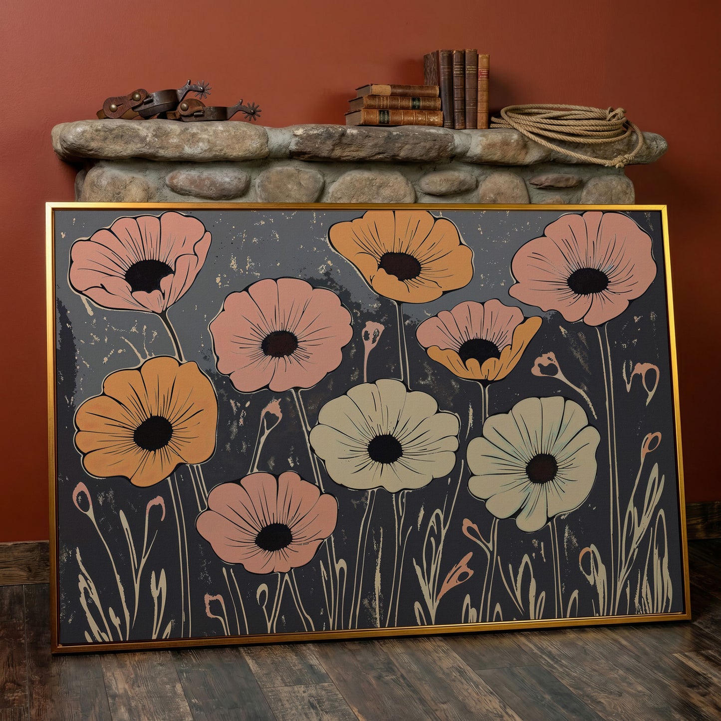 Vintage Pastel Flowers on Gray Canvas in antique gold floating frame