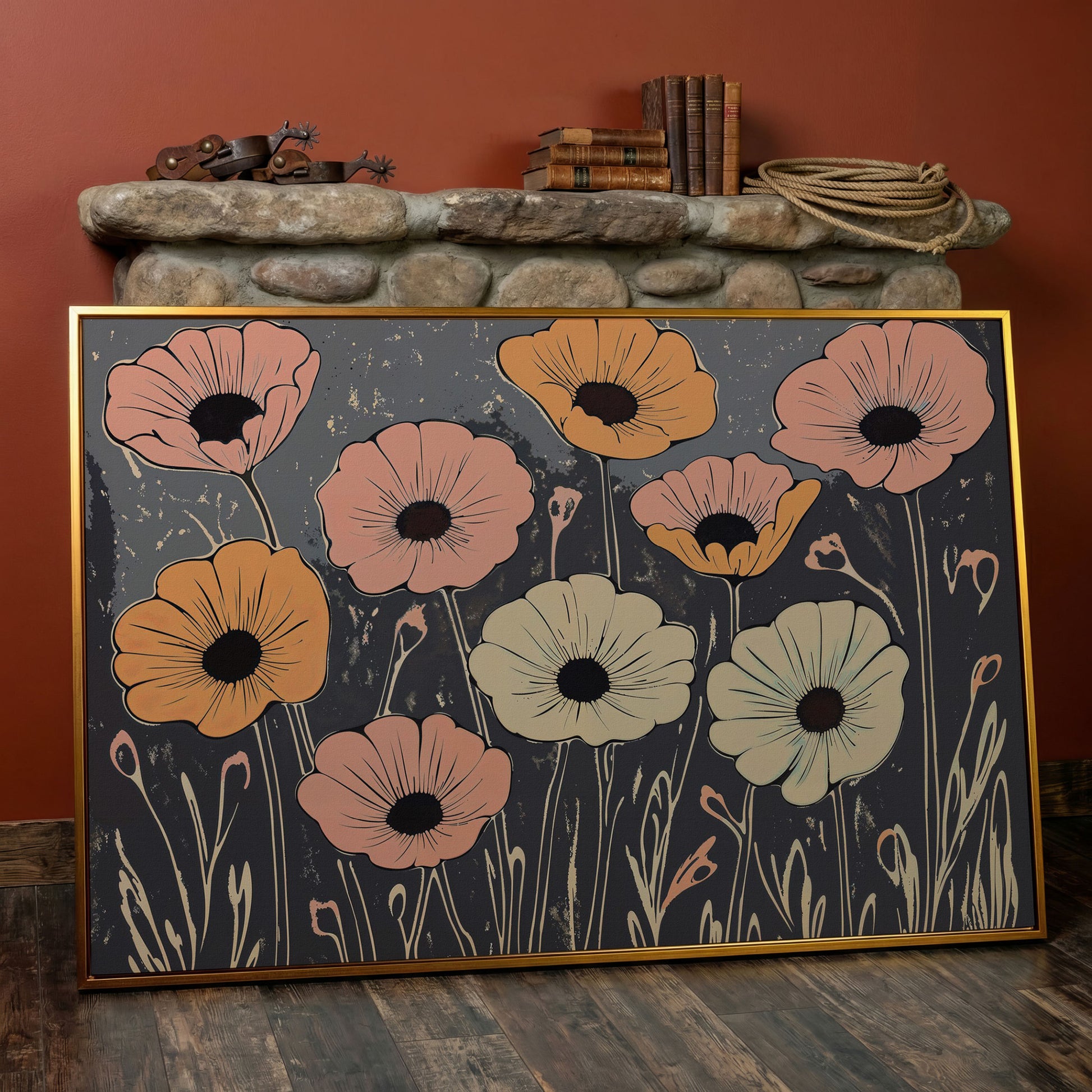 Vintage Pastel Flowers on Gray Canvas in antique gold floating frame
