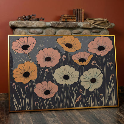 Vintage Pastel Flowers on Gray Canvas in antique gold floating frame
