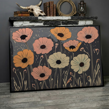 Vintage Pastel Flowers on Gray Canvas in black floating frame