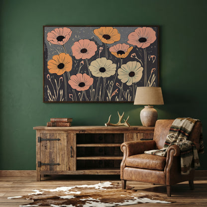Vintage Pastel Flowers on Gray Canvas in dark walnut floating frame