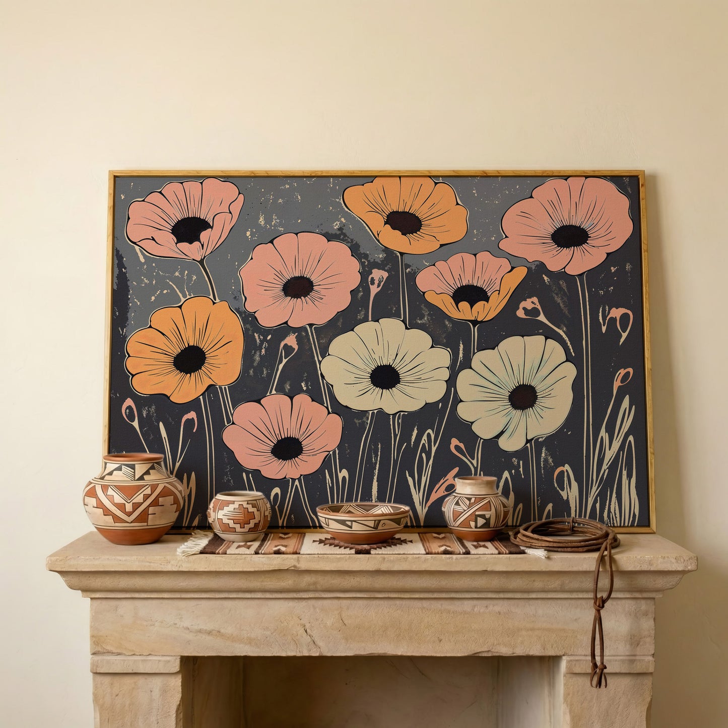 Vintage Pastel Flowers on Gray Canvas in white oak floating frame