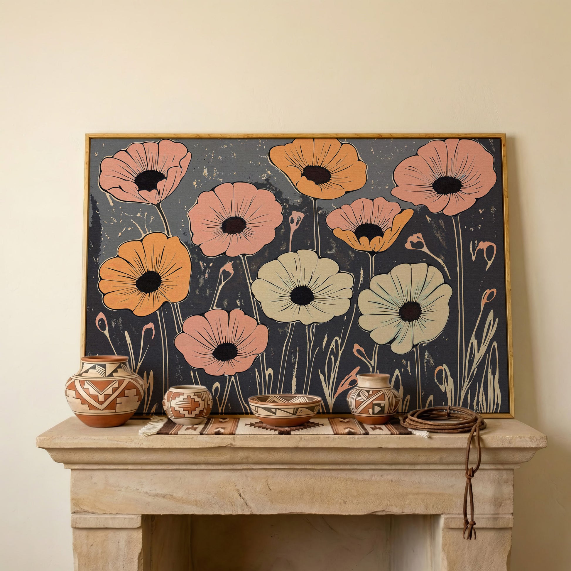 Vintage Pastel Flowers on Gray Canvas in white oak floating frame