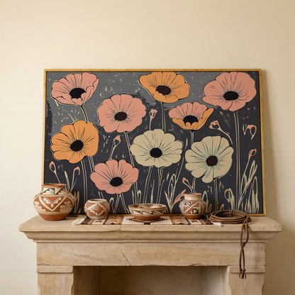Vintage Pastel Flowers on Gray Canvas in white oak floating frame
