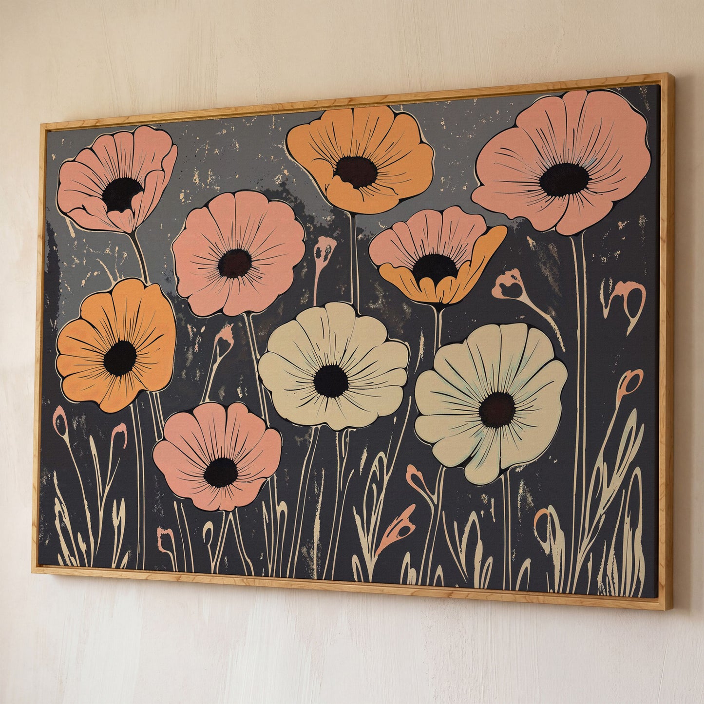 Vintage Pastel Flowers on Gray Canvas shown in white oak floating frame
