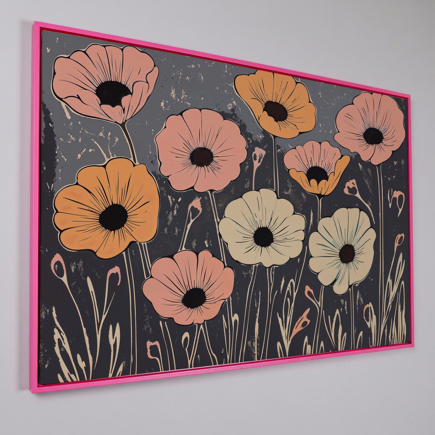 Vintage Pastel Flowers on Gray Canvas in pink floating frame