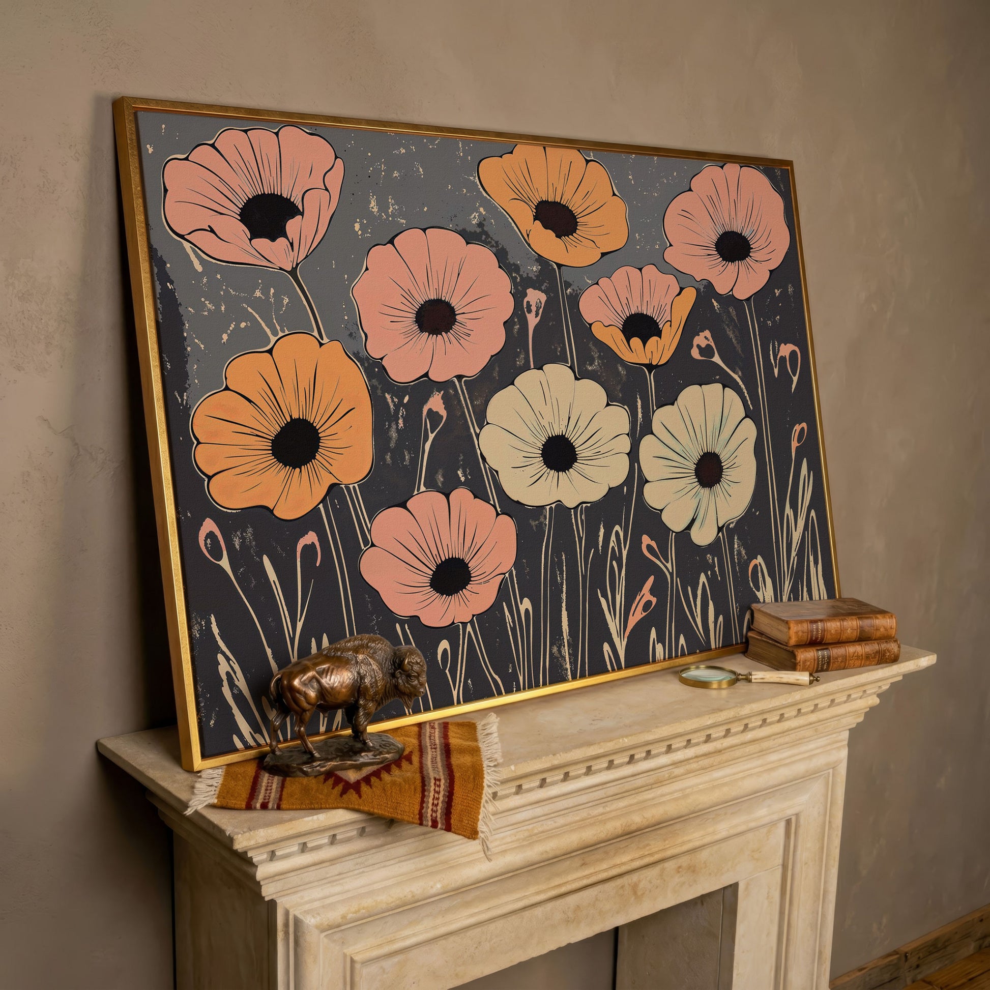 Vintage Pastel Flowers on Gray Canvas in rose gold floating frame
