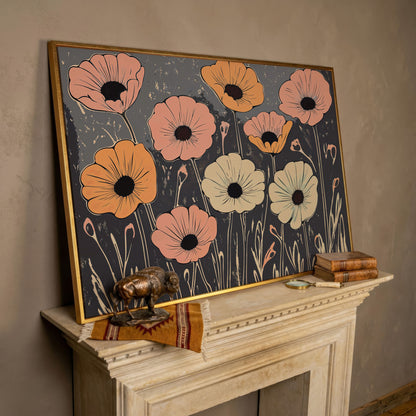 Vintage Pastel Flowers on Gray Canvas in rose gold floating frame
