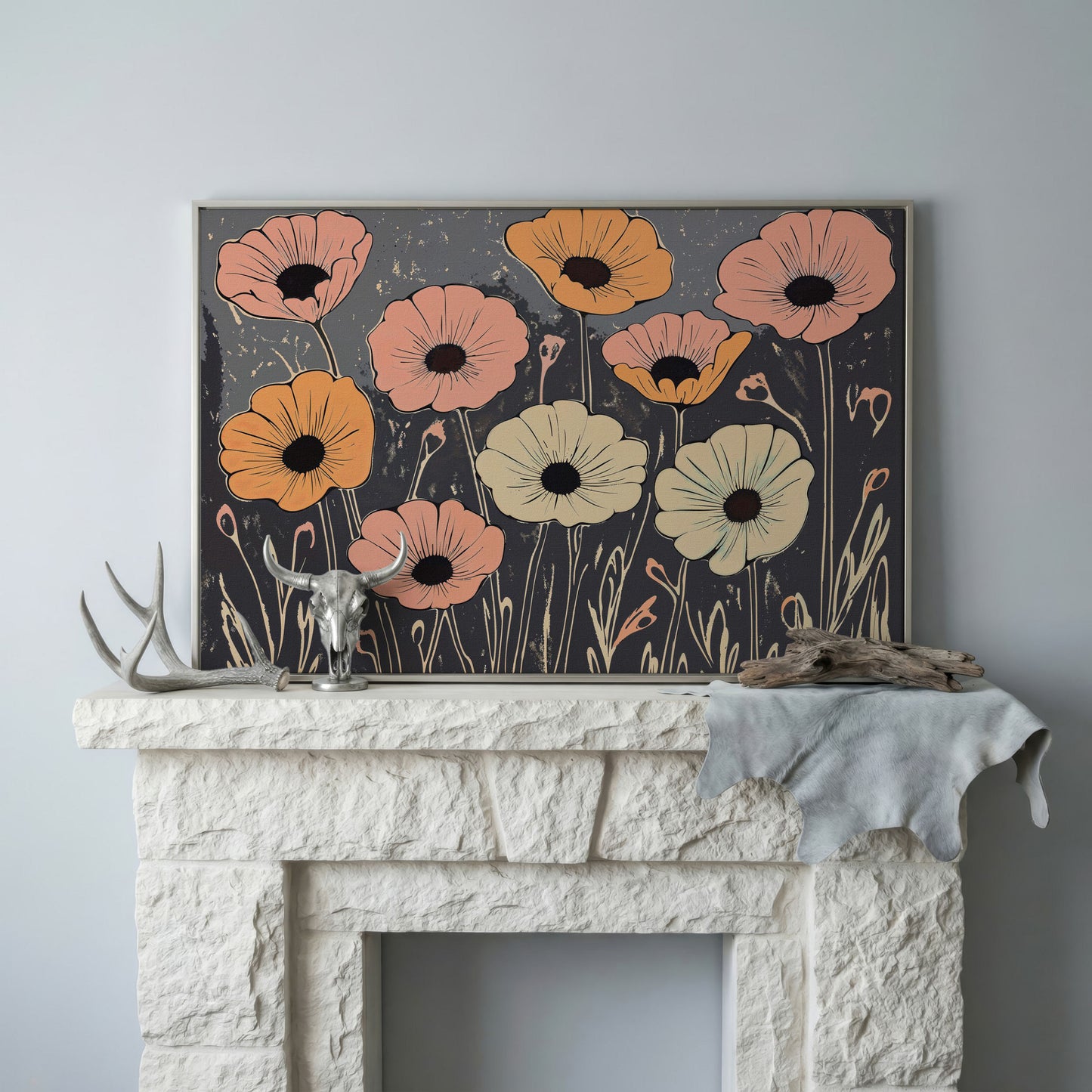 Vintage Pastel Flowers on Gray Canvas in silver floating frame