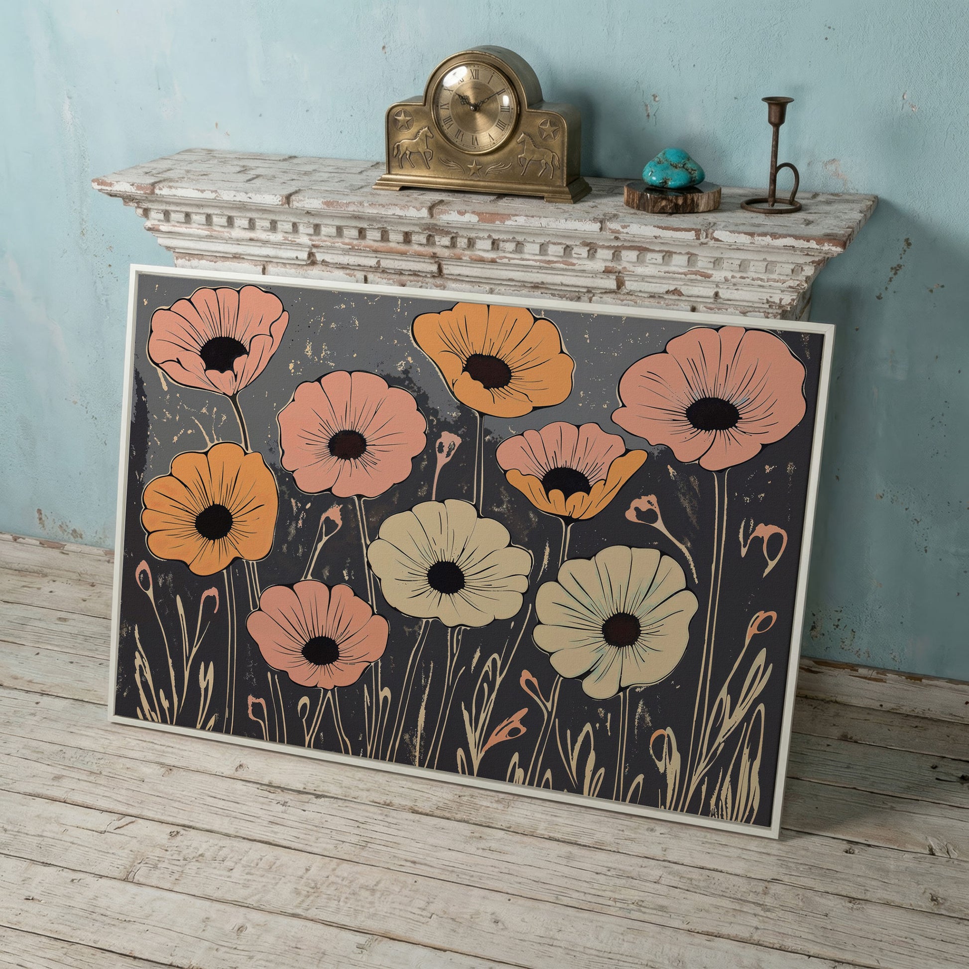 Vintage Pastel Flowers on Gray Canvas in white floating frame