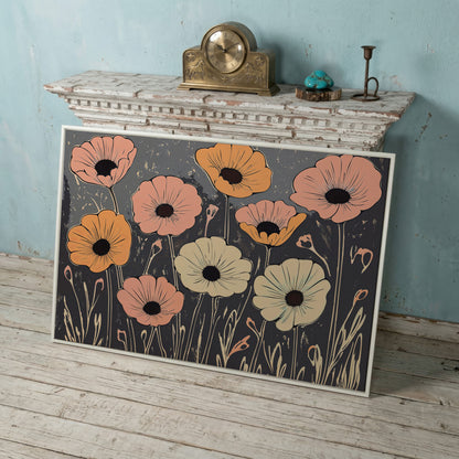 Vintage Pastel Flowers on Gray Canvas in white floating frame